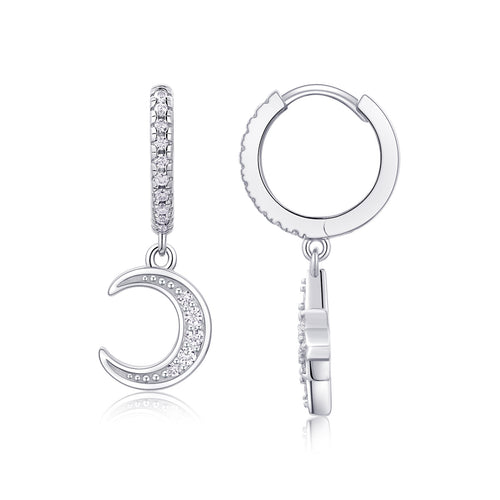 18K White Gold Crescent Moon and Star Pendant Earrings with Diamond Accents