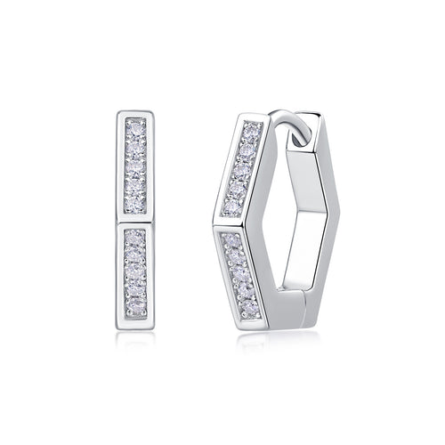 18K White Gold Hexagon Diamond-Embedded Earrings