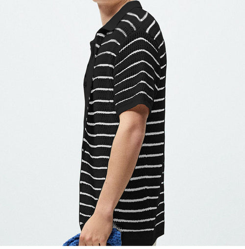 Men's Casual Striped Contrast Color Knitted Polo Shirt