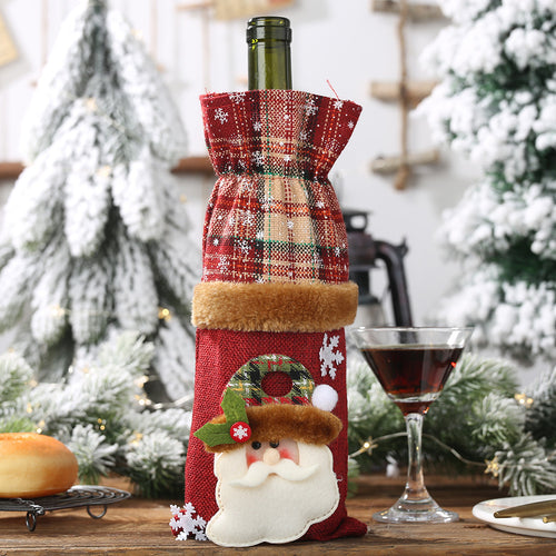 Christmas Cartoon Checkered Linen Drawstring Bottle Cover