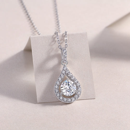 18K White Gold Shimmering Teardrop-Shaped 1 Carat Round Diamond Pendant Necklace