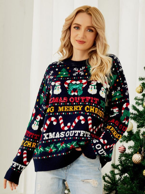 Christmas Snowman Candy Round-Neck Knitted Sweater