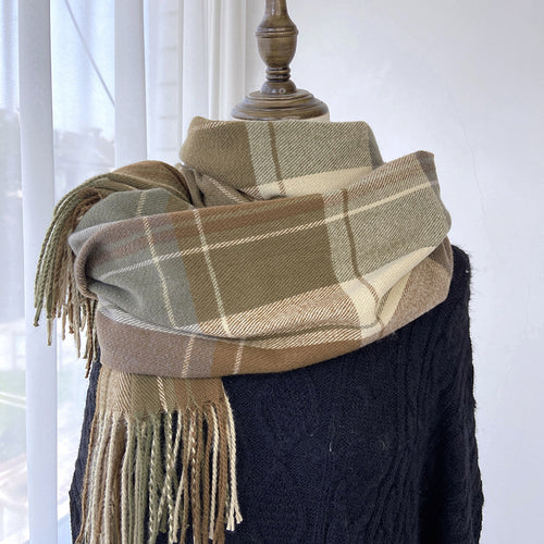 Winter Warm Contrast-Color Plaid Fringe Scarf Shawl