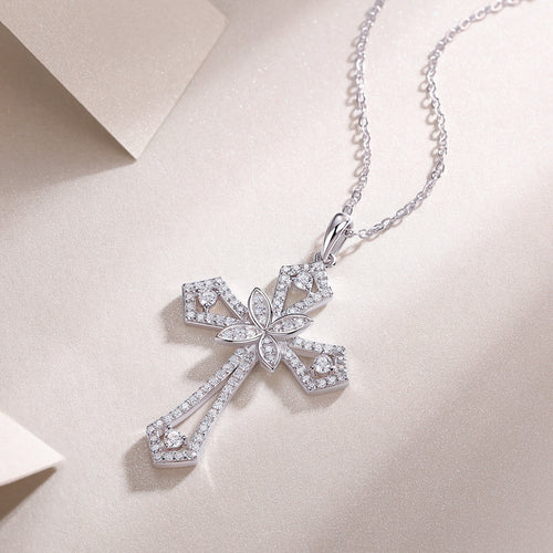 18K White Gold Shimmering Crucifix Pendant Necklace with 92 Round Diamonds for Women