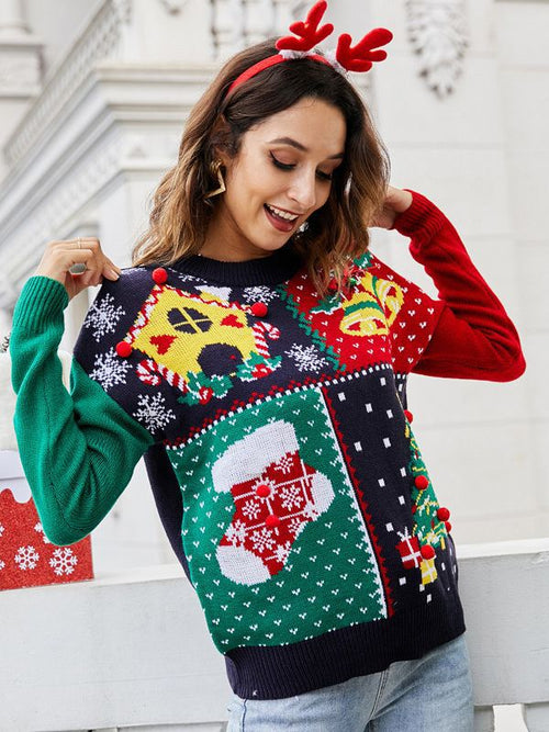 Christmas Patchwork Cartoon Pattern Knitted Sweater