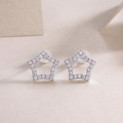 18K White Gold Star Shape Stud Earrings with 40 Round Diamonds