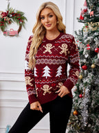 Red Christmas Tree and Gingerbread Man Patterned Knitted Sweater