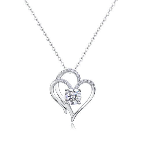 18K White Gold Intertwined Heart-Shaped 1 Carat Round Diamond Pendant Necklace