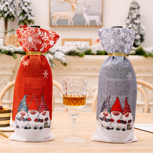 Christmas Three Forest Elves Linen Drawstring Wine Bottle Cover