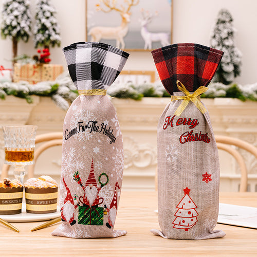 Christmas Forest Elf Checkered Edge Drawstring Wine Bottle Cover