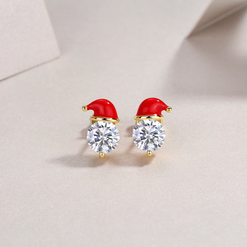 18K Gold Plated Santa Hat 1 Carat Moissanite Stud Earrings