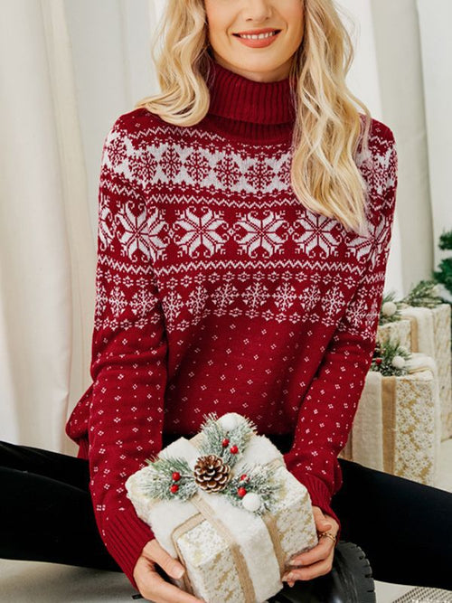 Christmas Snowflake Striped High-Neck Knit Sweater