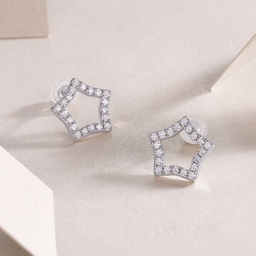 18K White Gold Star Shape Stud Earrings with 40 Round Diamonds