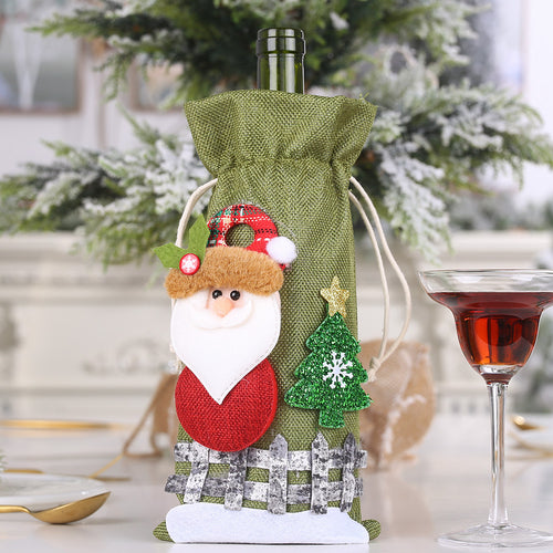 Christmas Reindeer & Snowman Linen Drawstring Wine Bottle Cover