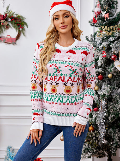 Santa Claus Reindeer Pattern Pink Knitted Sweater