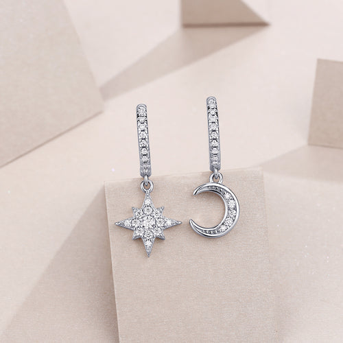 18K White Gold Crescent Moon and Star Pendant Earrings with Diamond Accents