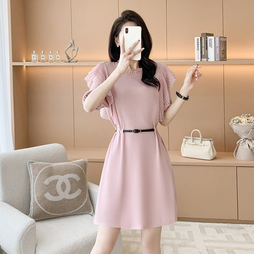 Elegant Pink Lace-Sleeved Round-Neck Knit Dress