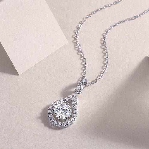 18K White Gold Shimmering Teardrop-Shaped 1 Carat Round Diamond Pendant Necklace