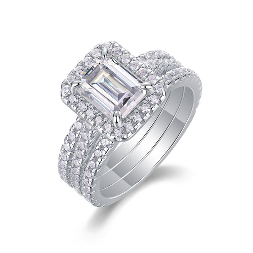 18K White Gold Triple-Stack 2 Carat Square Diamond Engagement Ring Set for Women