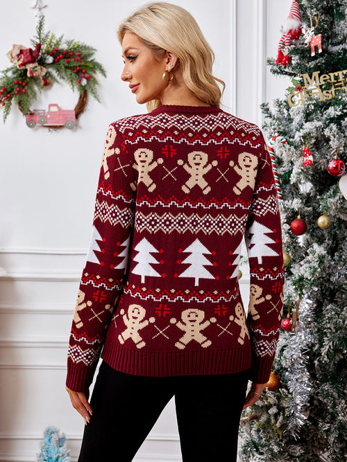 Red Christmas Tree and Gingerbread Man Patterned Knitted Sweater