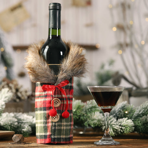 Christmas Fur Collar Button Stripe Plaid Skirt Wine Bottle Cover