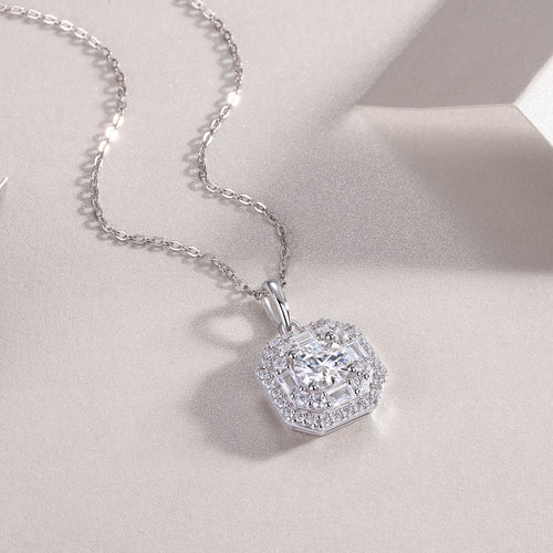 18K White Gold Shimmering Square-Set 1 Carat Round Diamond Pendant Necklace