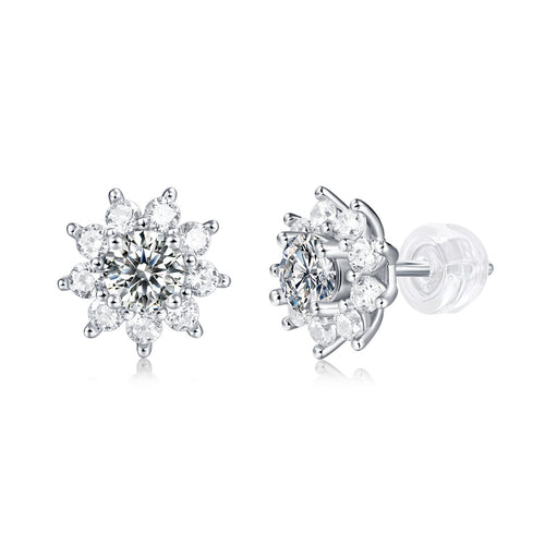 18K White Gold Flower Shape Round Diamond Stud Earrings