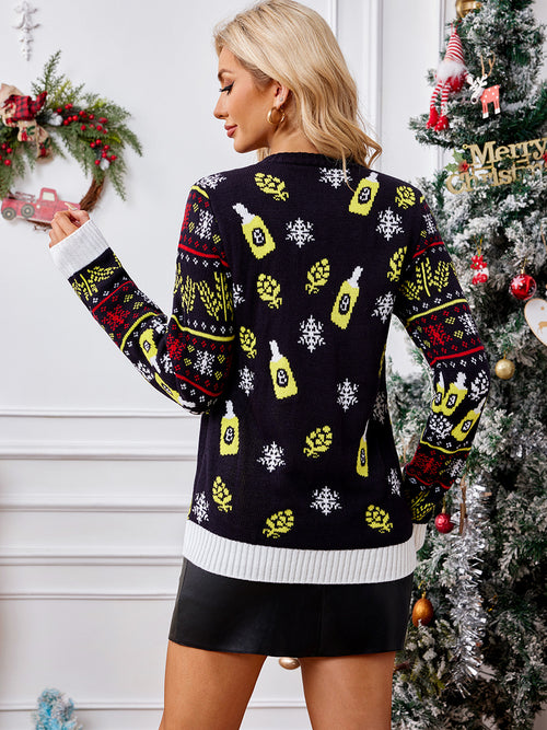 Santa Claus Cartoon Pattern Round-Neck Knitted Sweater