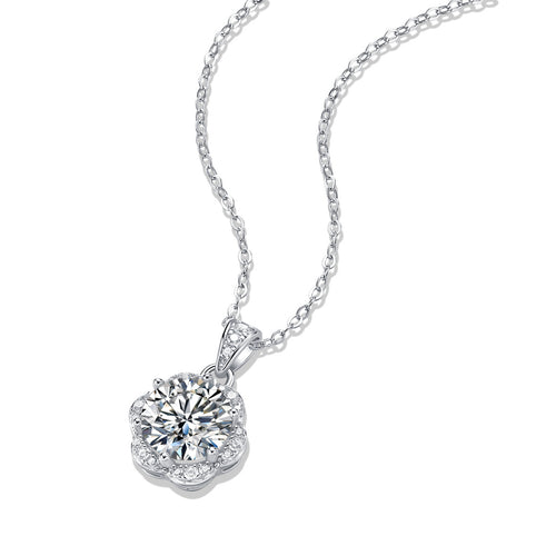 18K White Gold Shimmering Flower-Shaped 2 Carat Round Diamond Pendant Necklace