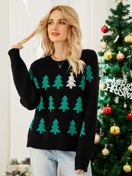 Christmas Tree Pattern Round Neck Knitted Sweater