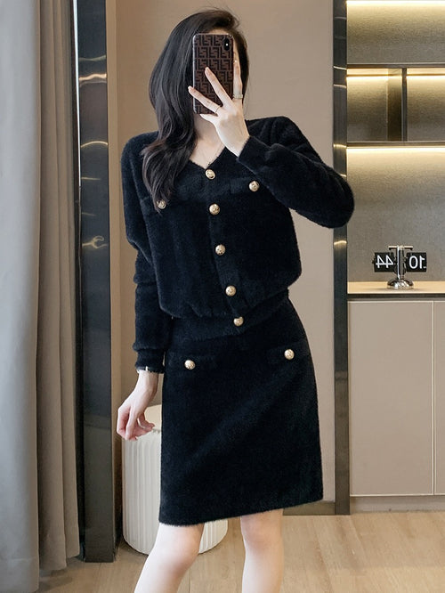 Black V-Neck Sweater Knit Dress Two-Piece Set