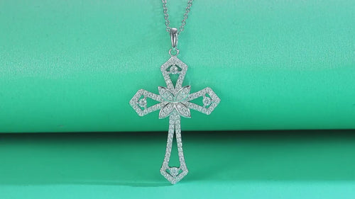 18K White Gold Shimmering Crucifix Pendant Necklace with 92 Round Diamonds for Women