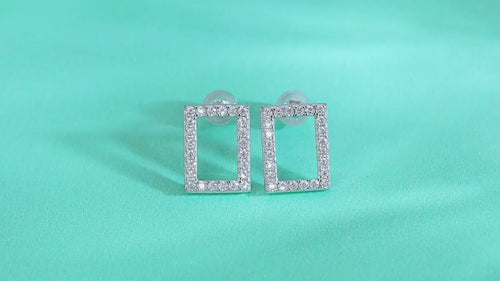 18K White Gold Rectangular Design Stud Earrings with 32 Round Diamonds