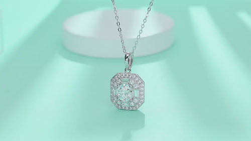 18K White Gold Shimmering Square-Set 1 Carat Round Diamond Pendant Necklace