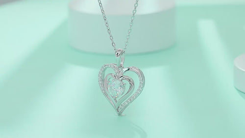 18K White Gold Double-Ring Heart Pendant Necklace with 1 Carat Round Diamond