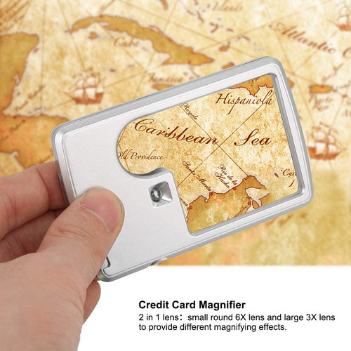 Credit Card Magnifier Dual Power LED light for Book Reading Magnifier - 3X + 6X