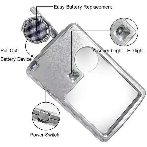 Credit Card Magnifier Dual Power LED light for Book Reading Magnifier - 3X + 6X